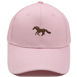 Pink baseball cap with horse embroidery features a structured cotton design and curved brim