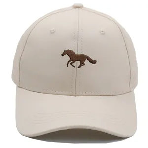 Classic beige cotton baseball cap featuring a detailed brown horse embroidery on the front