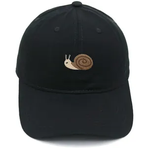 Black cotton baseball cap with embroidered snail pattern and breathable eyelets