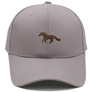 Classic light grey baseball cap with dark brown horse embroidery on structured cotton fabric