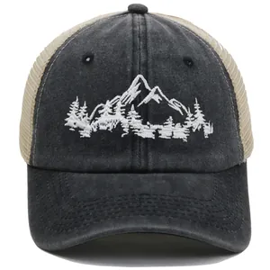 Vintage Washed Cotton Mountain Forest Embroidery Trucker Hat Breathable Mesh Baseball Cap For Outdoor Hiking Fishing Sunshade Hat