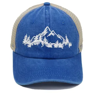 Vintage mountain forest embroidery baseball mesh cap in blue and beige for outdoor