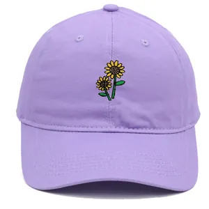 Light purple baseball cap with yellow sunflower embroidery on washed cotton twill fabric