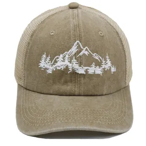 Vintage mountain forest embroidery washed cotton mesh trucker hat in khaki