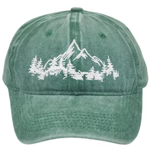 Detail of white mountain forest embroidery on washed green cotton baseball cap
