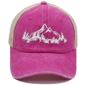 Vintage rose red trucker hat with mountain forest embroidery and breathable beige mesh back