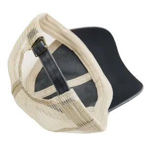 Detail of adjustable metal buckle and breathable mesh back on this baseball cap