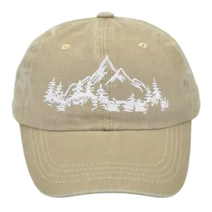 Outdoor mountain embroidery baseball cap in khaki washed cotton for hiking and fishing