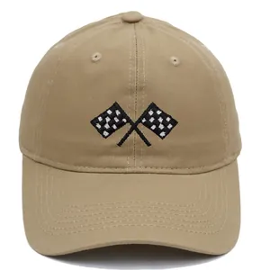 Detail of embroidered racing flags on a khaki cotton twill baseball cap with stitching