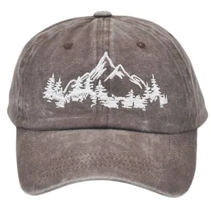 Outdoor mountain forest embroidery baseball cap in washed cotton grey-brown color