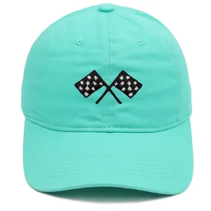 Mint green cotton baseball cap featuring racing flags embroidery and curved brim