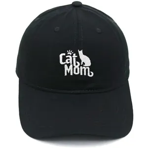 Detailed white Cat Mom embroidery and cat silhouette on black cotton canvas baseball cap