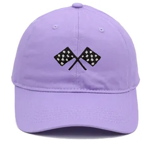 Close-up of lavender cotton baseball cap with embroidered racing flags and stitched brim