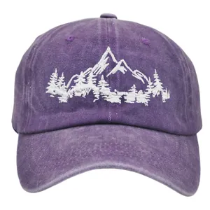 Vintage washed purple baseball cap featuring white mountain forest embroidery for outdoor use