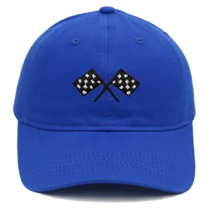 Blue cotton baseball cap featuring embroidered racing checkered flags with a soft crown