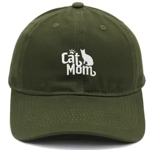 Olive green baseball cap with white Cat Mom embroidery and cat silhouette detail