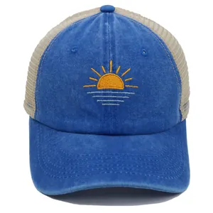 Retro washed blue baseball cap with sun embroidery and breathable beige mesh