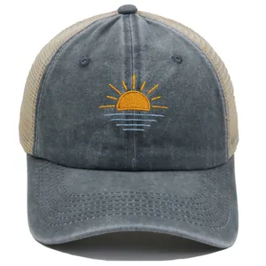 Vintage washed baseball cap with sunrise embroidery and breathable mesh back for outdoors