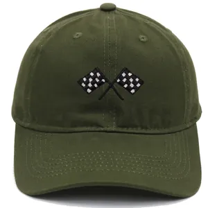 Army green cotton baseball cap with crossed racing flags embroidery and curved brim