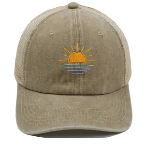 Khaki sunrise embroidery trucker hat with breathable mesh back for outdoor sports