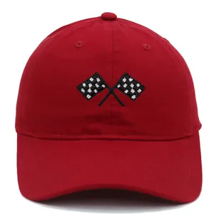 Red cotton baseball cap featuring embroidered checkered racing flags with adjustable soft crown
