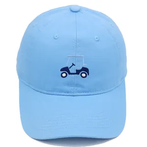 Casquette de baseball en coton bleu ciel avec broderie de voiture de golf et visière