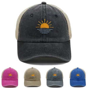 Vintage Washed Cotton Mesh Trucker Hat With Sunrise Embroidery Breathable Outdoor Sport Hiking Baseball Cap For Men Women