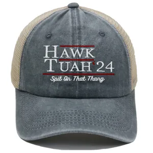 Blue and beige mesh trucker hat featuring Hawk Tuah '24 embroidery on a white background