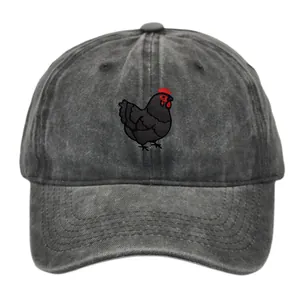 Vintage washed dark grey cotton baseball cap featuring detailed black chicken embroidery