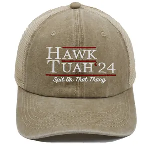 Khaki washed trucker hat with Hawk Tuah 24 embroidery and breathable mesh back