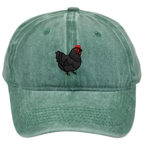 Close-up of fine black hen embroidery on dark green washed cotton baseball cap texture