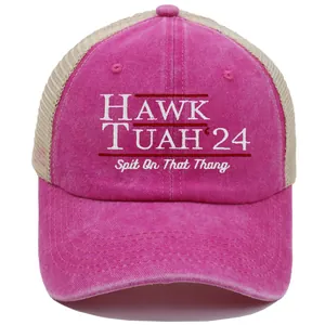 Vintage rose red Hawk Tuah 24 embroidered mesh trucker hat with breathable net back