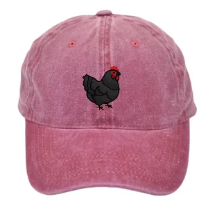 Vintage washed brick red baseball cap with black hen embroidery and adjustable strap