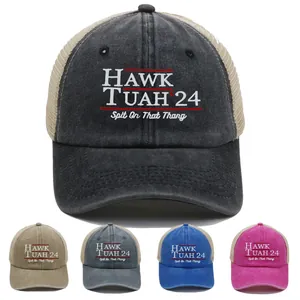Hawk Tuah 24 Spit On That Thang Embroidered Trucker Hat Vintage Washed Cotton Mesh Baseball Cap For Men Women Streetwear