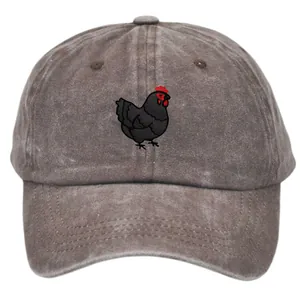 Washed cotton baseball cap in vintage brown with detailed black hen embroidery