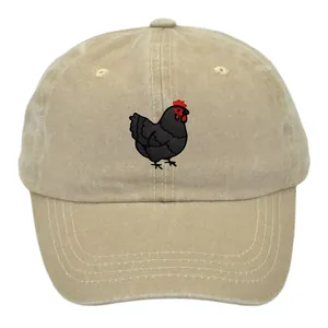 Khaki washed cotton baseball cap featuring black rooster animal embroidery with curved brim
