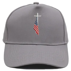 Dark grey baseball cap with embroidered Christian cross and American flag on the front