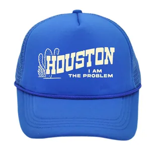 Blue Houston Trucker Hat with breathable mesh and foam front on white background