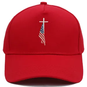 Red 5-panel baseball cap featuring embroidered American flag and cross on cotton twill