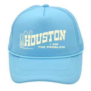 Close-up of Houston I Am The Problem print and breathable mesh on light blue trucker hat