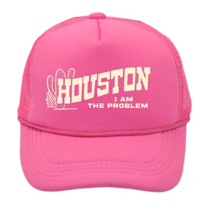 Pink Houston trucker hat with mesh back and cactus print on white background
