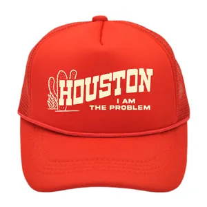 Red Houston I Am The Problem trucker hat with mesh back and cactus graphic detail
