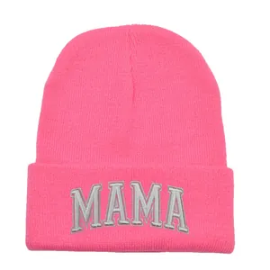 Bonnet en tricot rose avec broderie MAMA en 3D pour femme, couvre-chef chaud d'hiver