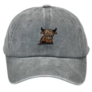 Berretto da baseball grigio lavato vintage con ricamo mucca delle Highlands
