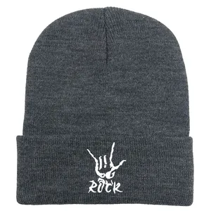 Detail of Rock hand gesture embroidery on dark grey ribbed knit beanie hat for winter