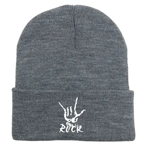 Close-up of ribbed knit texture and white Rock On hand gesture print on dark grey beanie