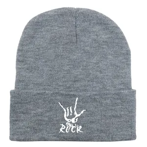 Grey rib-knit beanie with white ROCK embroidery and rock-on hand sign gesture