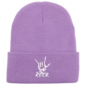 Purple ribbed knit beanie with white rock hand gesture embroidery for street style