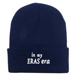 Navy blue In My Eras Era embroidered knit beanie hat with a minimalist cuffed design