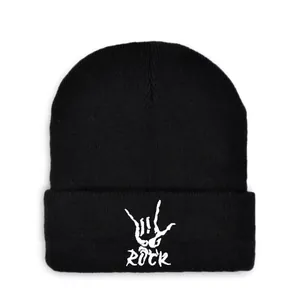 Rock Gesture Embroidery Knit Beanie For Men Women Warm Winter Cuffed Ribbed Acrylic Beanie Hat Hip Hop Streetwear Skull Cap